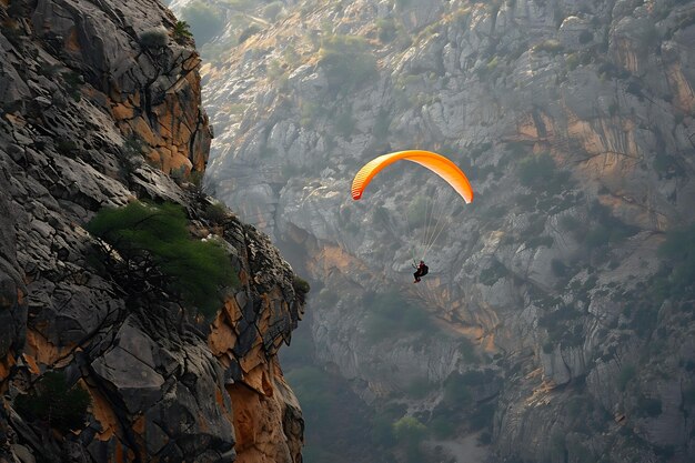 Paraglider Soaring Over Rugged Mountain Landscape