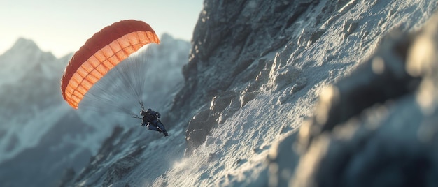 Photo paraglider soaring over snowy mountain peaks