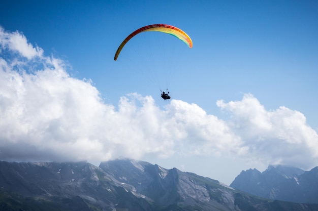 Paragliding flight in the mountains Le GrandBornand HauteSavoie France