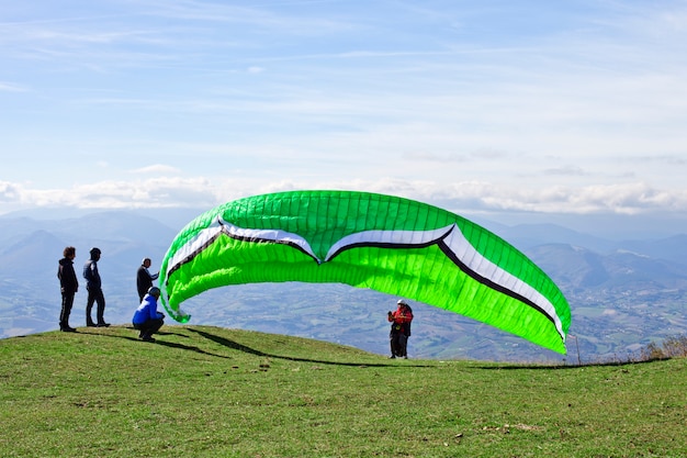 Paragliding in the mountains, Marche, Italy.