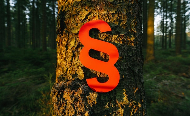 paragraph sign of Law and Justice on a tree trunk at the deep forest at sunset