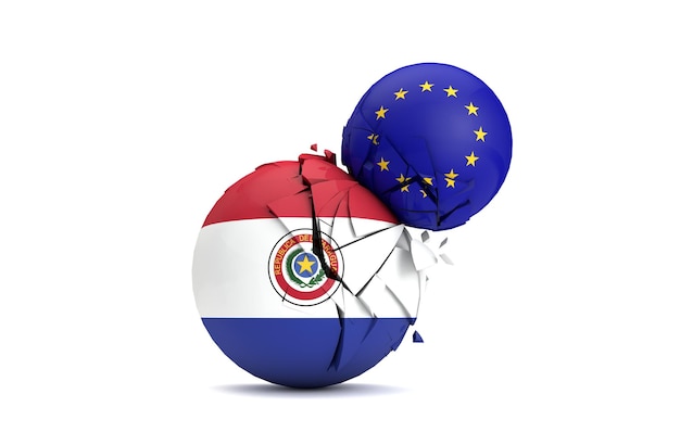 Paraguay and European Union political balls smash together 3D Render