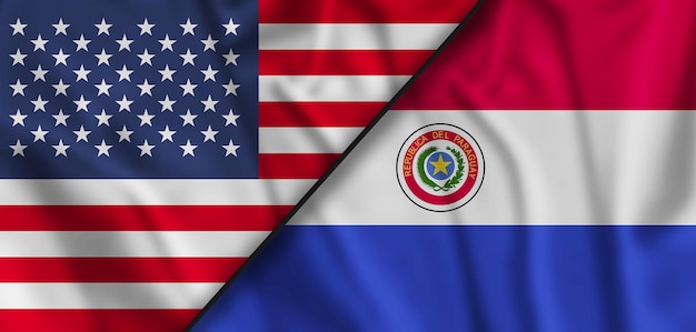 Paraguay and United States of America Flags Together Wavy Fabric Texture Effect Shining Thunder Icon Crisis Concept 3D Illustration