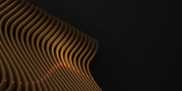 Parallel curves waves plastic tube surface golden curve distorted 3d abstract illustration