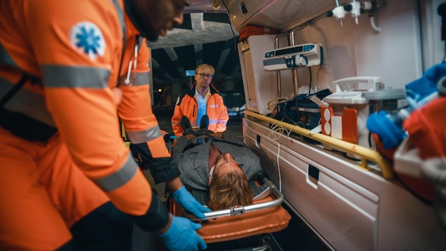 Paramedics in an ambulance with a man in a blue uniform and a red glove on the back of the ambulance.