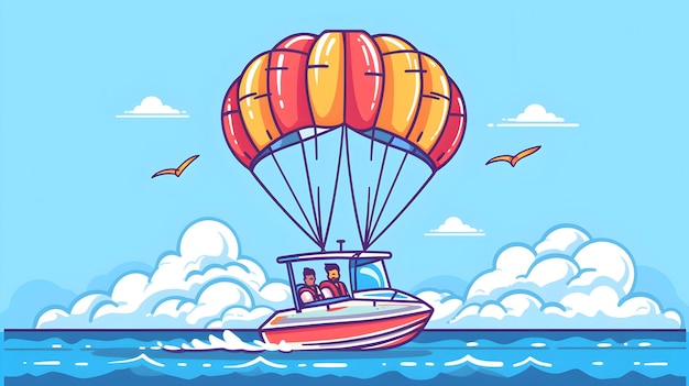 Parasailing Adventure Individual with Parachute Sea View and Boat Overlay 3D Flat Icon Design for