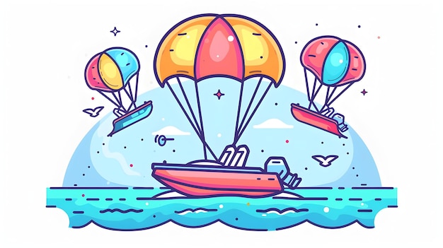 Parasailing Adventure Travel Concept with 3D Flat Icon Individual Parachute Sea View and Boat Ove