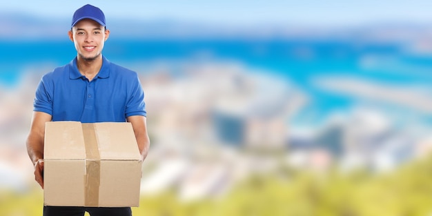 Parcel delivery service box package order delivering job young latin man banner copyspace copy space