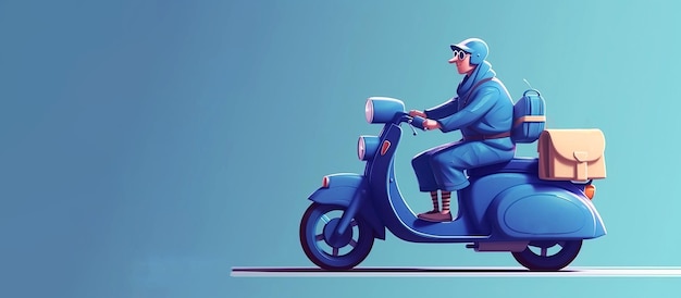 A parcel deliveryman riding a blue scooterGenerative AI illustration copying space Panoramic background