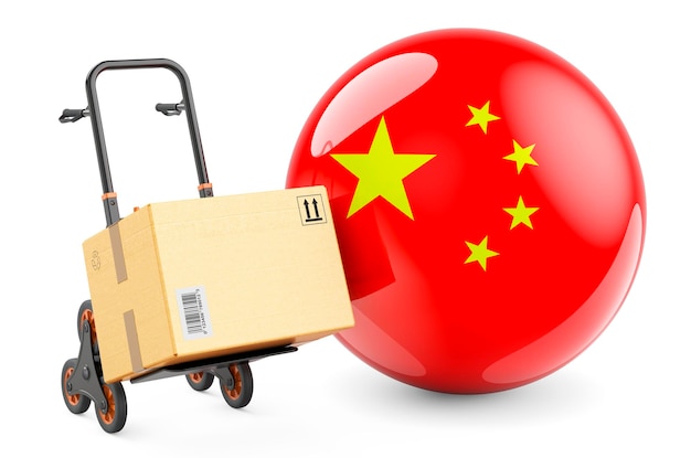 Parcel on the hand truck with Chinese flag Shipping in China concept 3D rendering