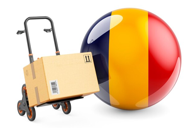 Parcel on the hand truck with Romanian flag Shipping in Romania concept 3D rendering