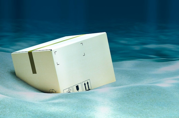 Parcel on ocean bottom underwater 3D rendering