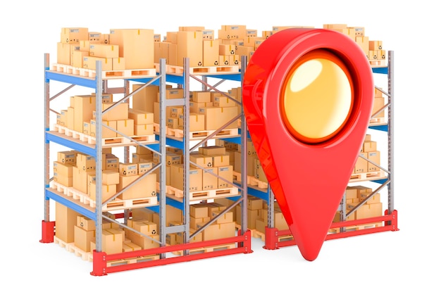 Parcel tracking concept Map pointer with double pallet rack full of parcels 3D rendering