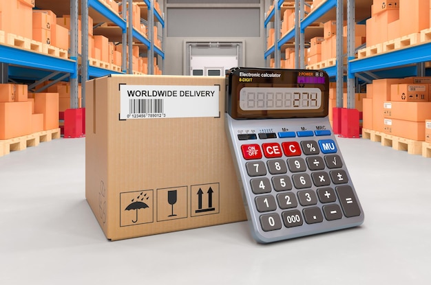 Parcel with calculator in warehouse 3D rendering