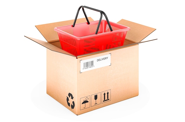 Parcel with shopping basket order and delivery concept 3D rendering