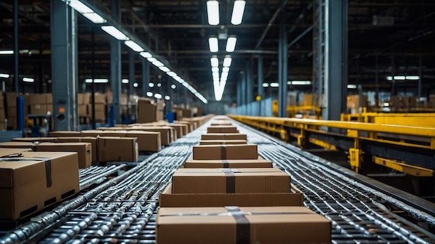 parcels on conveyor belt in a warehouse 3d render