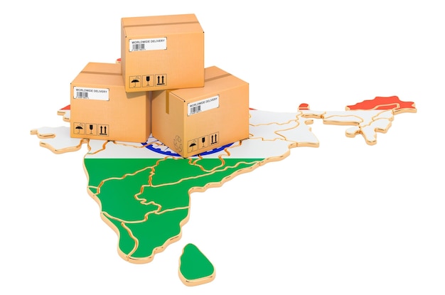 Parcels on the Indian map Shipping in India concept 3D rendering