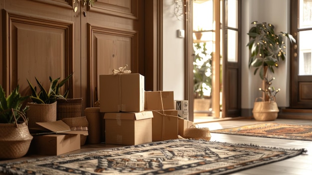 Parcels on rug near door Delivery service