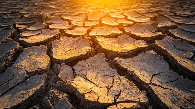 Parched cracked earth illuminated by golden sunset climate change impact concept