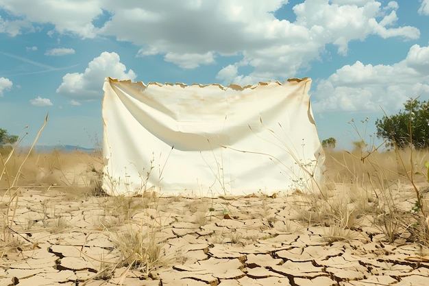 A parched and cracked landscape a result of desertification with a clean white banner