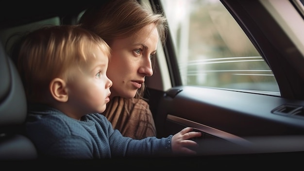 Parent and boy in car safety seat looking through the window Generative AI