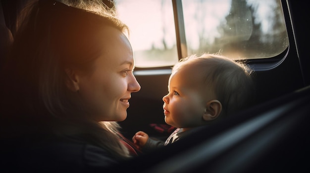 Parent and boy in car safety seat looking through the window Generative AI