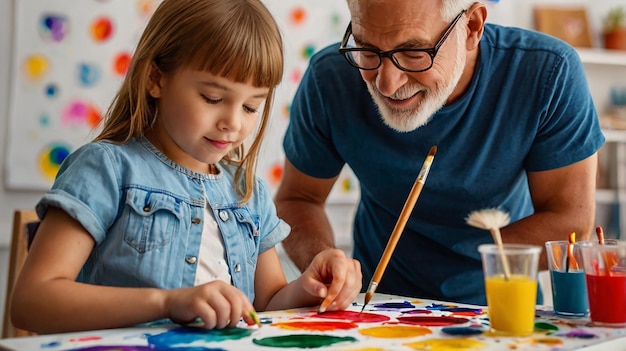 Photo parent and child painting together at an art easel