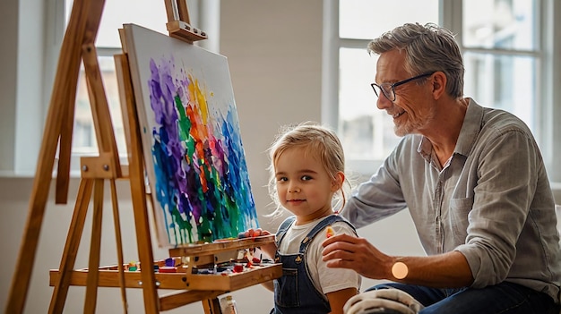 Photo parent and child painting together at an art easel