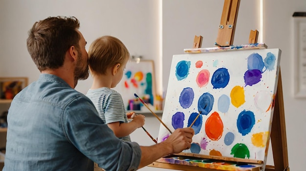 Photo parent and child painting together at an art easel