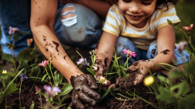 Parent and child planting flowers together in their backyard garden with dirty hands and smiles