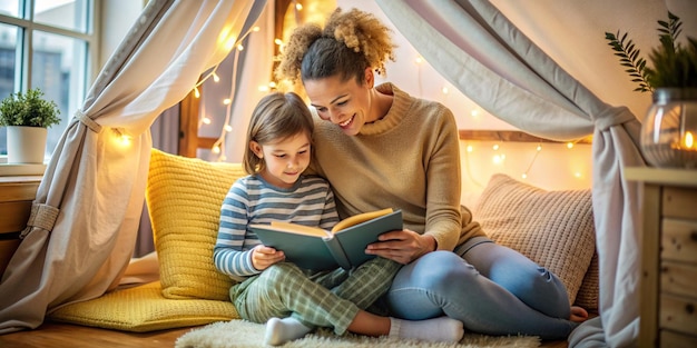 Photo parent and child reading homework together in cozy nook