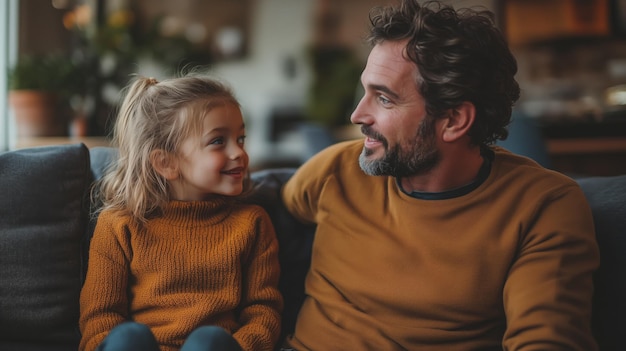 Photo a parent and child share a joyful conversation on the couch at home