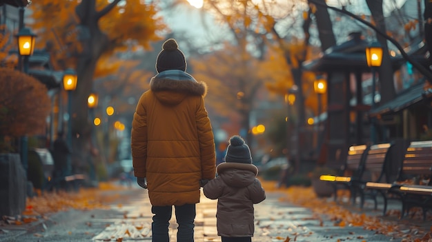 Parent and child walking through a park at sunset