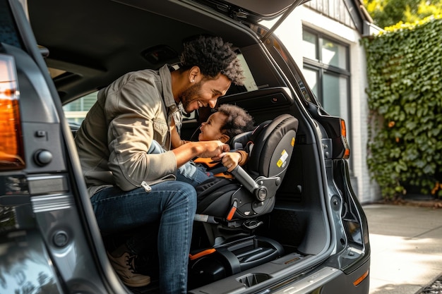 Parent installing a convertible car seat highquality modern cameras and lenses ar 32 Job ID ef9d2a00