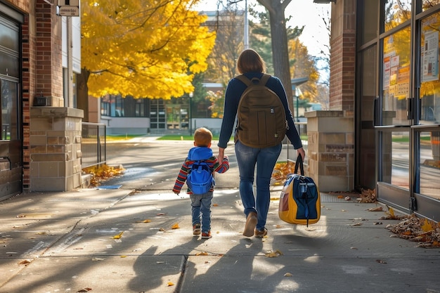 A parent walking handinhand with their child towards the school entrance both looking excited and