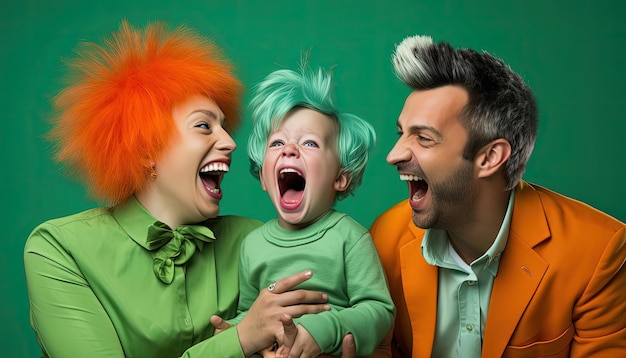 Photo parents and a baby laughing on a green background in the style of quirky compositions