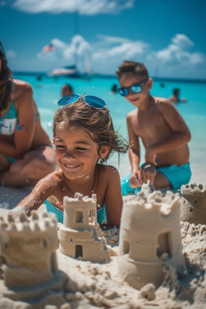 Parents and children building a sandcastle together on a sunny beach capturing their happy moments