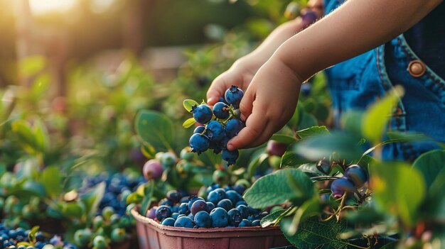 Photo parents and children harvesting ripe blueberries from potted plants in their backyard garden for their homegrown edible landscape in dallas tx