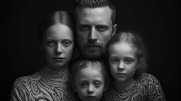 Parents and children monochromatic black and white photography on an optical illusion background Generative Ai