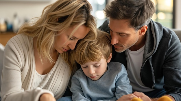 Photo parents comforting a child after a bullying incident expressions of love and protection promoting antibullying awareness and child safety home setting with supportive atmosphere