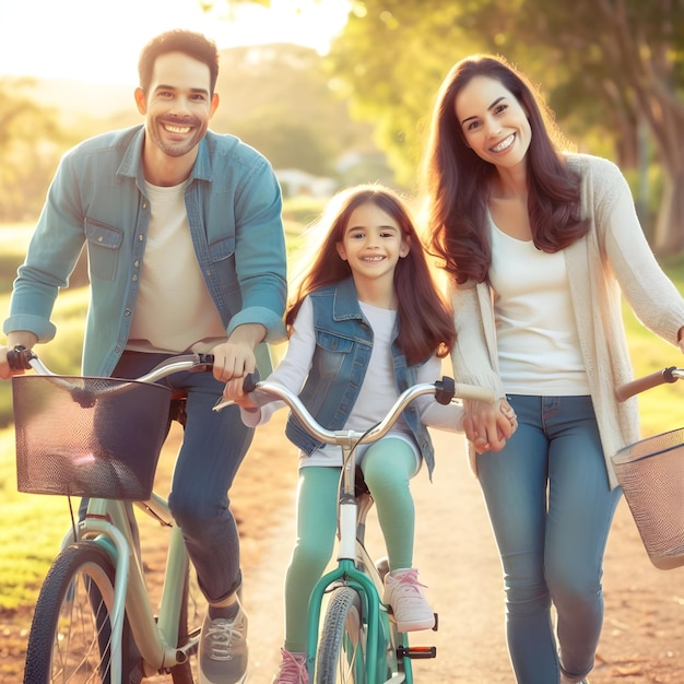 Parents and daughter have bicycle tour on country lane