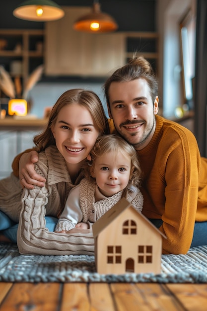 Parents and daughter playing with a wooden house model in the room