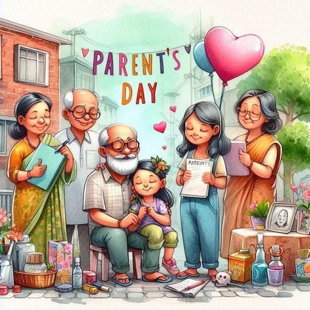 Parents Day drawing of a family with a heart shaped balloon and a child in the background