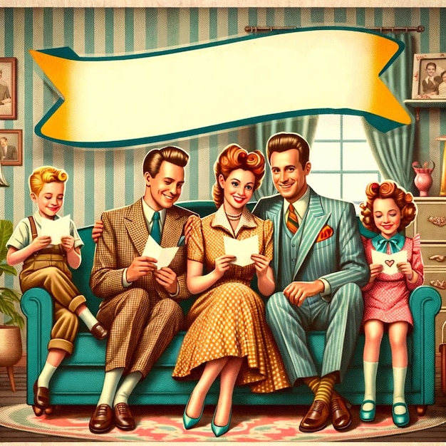 Parents Day illustration with place for text husband wife and children sitting in the living room