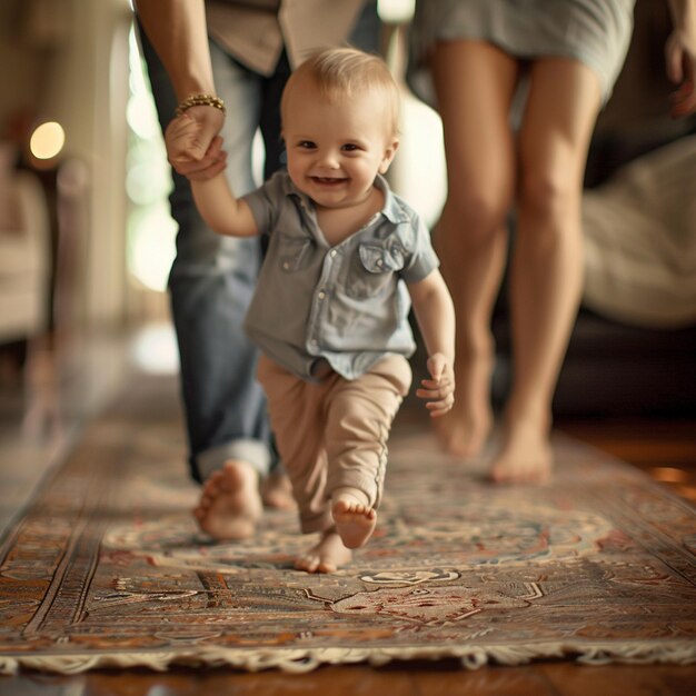 Photo parents joy as their child takes first steps in a cozy home setting