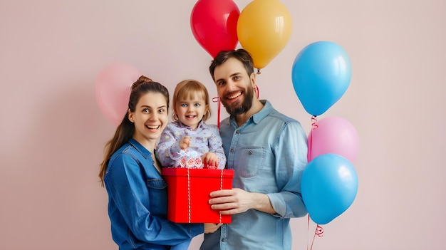 parents keep in arms kissing hugging child kid son baby boy celebrating birthday holiday party