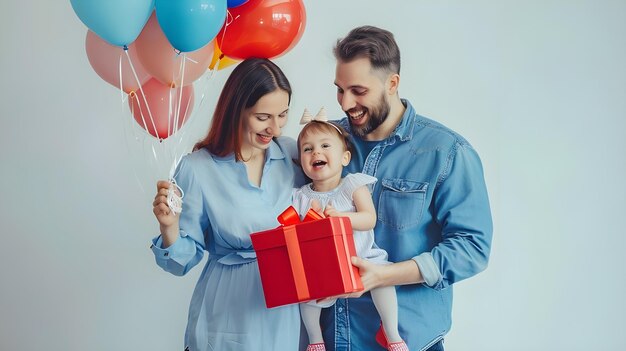 Photo parents keep in arms kissing hugging child kid son baby boy celebrating birthday holiday party