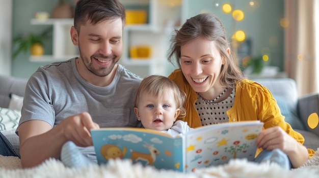 Photo parents reading picture books with their children