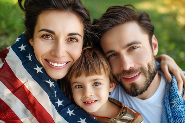 Photo parents and son celebrating independence day with an american flag on a green lawn