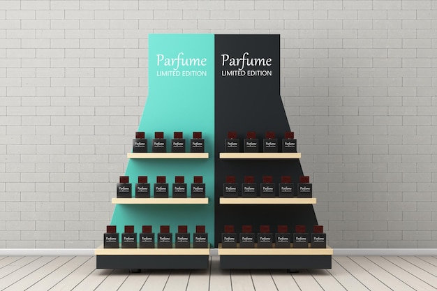 Photo parfume bottles on a wooden store product display showcase rack shelves in front of brick wall background 3d rendering